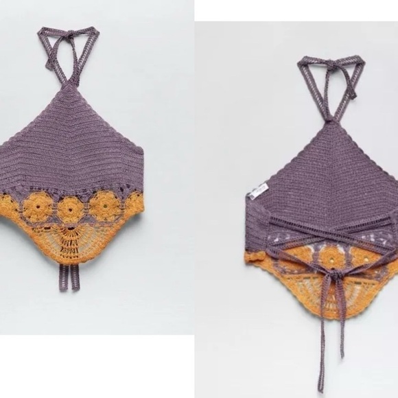 Zara purple orange crochet knit boho halter crop top NWT bohemian - Picture 1 of 13